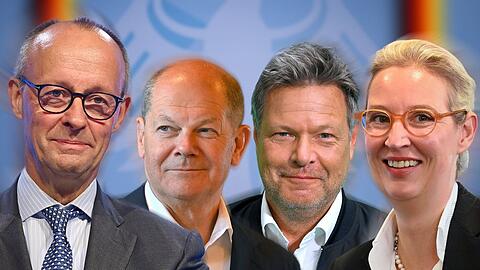 Wer führt Deutschland ab kommendem Jahr als Kanzler an? Friedrich Merz, Olaf Scholz, Robert Habeck oder gar Alice Weidel? (v.l.n.r.)