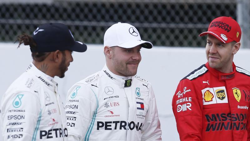 Die Stars der Formel 1: Die Mercedes-Fahrer Lewis Hamilton (l) und Valtteri Bottas (M) sowie Ferarri-Pilot Sebastian Vettel. Die Stars der Formel 1: Die Mercedes-Fahrer Lewis Hamilton (l) und Valtteri Bottas (M) sowie Ferarri-Pilot Sebastian Vettel.