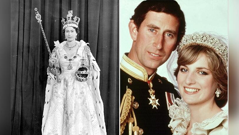 Das Krönungskleid von Queen Elizabeth II. (li.) und das Hochzeitsdiadem von Prinzessin Diana werden für die Öffentlichkeit ausgestellt.