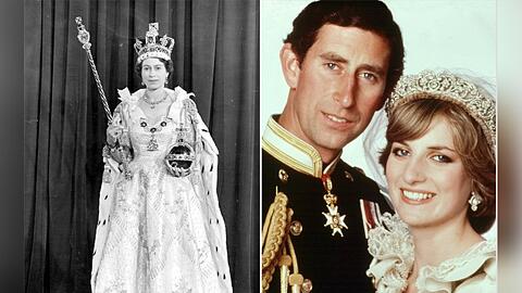 Das Krönungskleid von Queen Elizabeth II. (li.) und das Hochzeitsdiadem von Prinzessin Diana werden für die Öffentlichkeit ausgestellt.