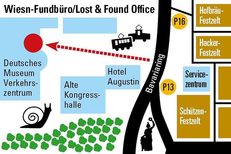 Das Wiesn-Fundbüro befindet sich direkt neben dem Festgelände im Deutschen Museum Verkehrszentrum auf der Theresienhöhe. Das Wiesn-Fundbüro befindet sich direkt neben dem Festgelände im Deutschen Museum Verkehrszentrum auf der Theresienhöhe.