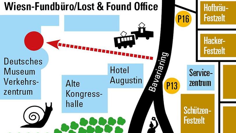 Das Wiesn-Fundbüro befindet sich direkt neben dem Festgelände im Deutschen Museum Verkehrszentrum auf der Theresienhöhe. Das Wiesn-Fundbüro befindet sich direkt neben dem Festgelände im Deutschen Museum Verkehrszentrum auf der Theresienhöhe.