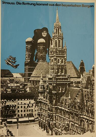 FJS (bucklig wie der Glöckner von Notre-Dame) auf der Frauenkirche und Starfighter im Himmel über München: Noch eins der "verbotenen" Plakate aus der Feder des Satirikers Ernst Volland. "Ich habe vor der Bedrohung aus München in Form von Franz Josef Strauß gewarnt, der zuvor Atom- und Verteidigungsminister war, marode Starfighter gekauft hat, die abgestürzt sind und dann auch noch Kanzler werden wollte", erzählt Volland.