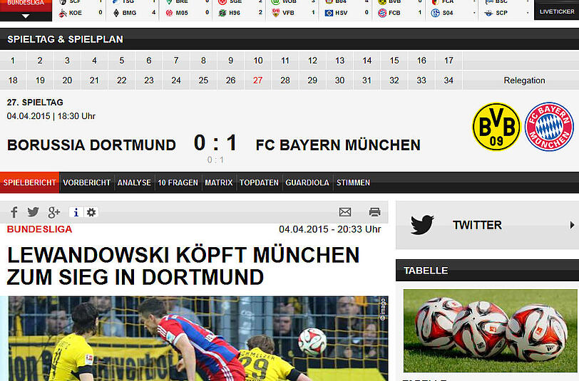 Bundesliga.de: Lewandoski köpft Münchne zum Sieg in Dortmund.