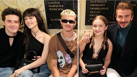 Unterstützung aus der ersten Reihe: Brooklyn, Nicola, Romeo, Harper und David Beckham (v.li.) bei der Fashion-Show in Paris.