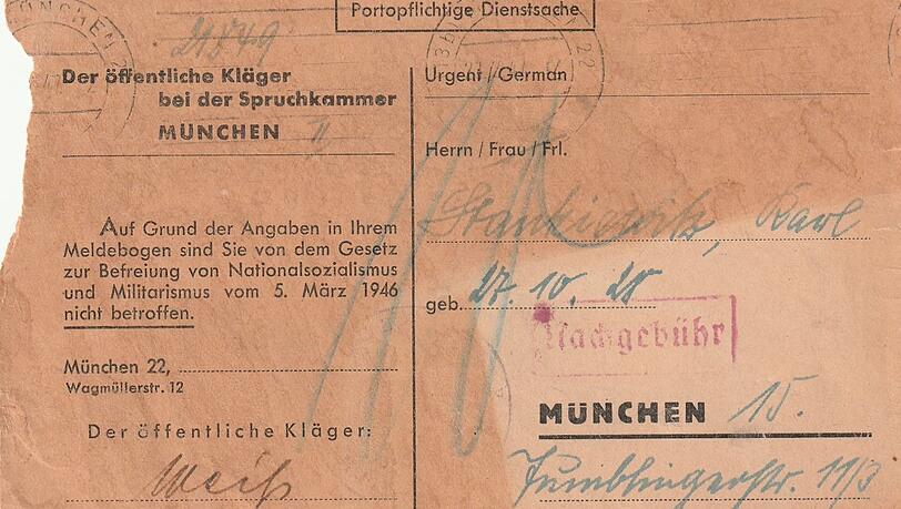 Der Entnazifizierungsbescheid von Karl Stankiewitz.