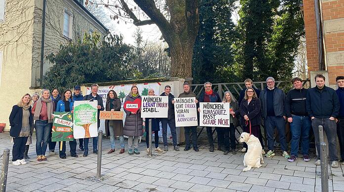 Baumschützer am Freitagmorgen (27.2.) vor den drei alten Eschen an der Königinstraße 24. Darunter Christian Hierneis (Bund Naturschutz), BA-Chefin Svenja Jarchow (Grüne) und Stadtrat Tobias Ruff (ÖDP). Die Stadt hat die Fällung der Bäume genehmigt, das wollen sie nicht hinnehmen. Baumschützer am Freitagmorgen (27.2.) vor den drei alten Eschen an der Königinstraße 24. Darunter Christian Hierneis (Bund Naturschutz), BA-Chefin Svenja Jarchow (Grüne) und Stadtrat Tobias Ruff (ÖDP). Die Stadt hat die Fällung der Bäume genehmigt, das wollen sie nicht hinnehmen.