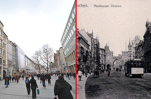 Fußgänger vor: Die Trambahnen wurden schon Ende der 1960er Jahre aus der Neuhauser Straße vertrieben. Eine Konstante: der Augustiner (ganz links).