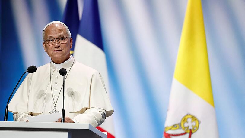 Papst Leo XIV. während seiner Grundsatzrede. Papst Leo XIV. während seiner Grundsatzrede.