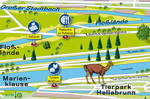 Höhe Marienklause: Hier kommt man am besten mit dem Bus 391 hin. Links der Isar sorgen die Floßlände und das gleichnamige Restaurant für Betrieb.