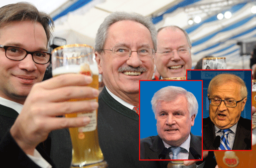Gegen CSU-Chef Seehofer wetterte SPD-Landesvorsitz Florian Pronold (links):  &bdquo;Ich hab bisher gedacht, der Guttenberg sei der beste Plagiator der CSU &ndash; aber ich muss anerkennen, wenn's ums Abschreiben geht, hat Horst Seehofer die Nase vorn.&ldquo; Und auch die FDP bekam ihr Fett weg, als Pronold prophezeite: &bdquo;Ich bin mir sicher, dass ich beim nächsten Politischen Aschermittwoch nicht mehr über die FDP sprechen muss. (...) Die FDP ist flüssiger als Wasser, sie ist überflüssig.&ldquo;