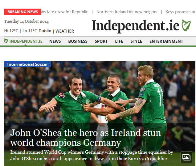 Der "Irish Independent": John O' Shea, der Held. Irland betäubt den Weltmeister Deutschland.