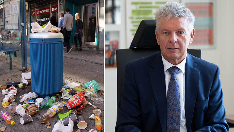 Ein überfüllter Mülleimer mit Verpackungsmüll aus Pappe und Kunststoff: OB Dieter Reiter (r.) möchte durch einen Pappbecher-Aufschlag die Müllmengen reduzieren. Ein überfüllter Mülleimer mit Verpackungsmüll aus Pappe und Kunststoff: OB Dieter Reiter (r.) möchte durch einen Pappbecher-Aufschlag die Müllmengen reduzieren.