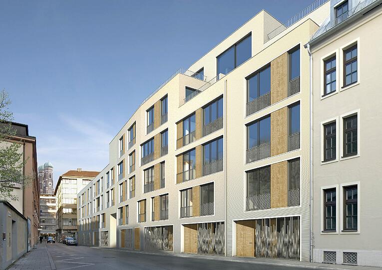 Diese Visualisierung zeigt die Fassade an der Hotterstraße nach der Fertigstellung &ndash; mit großen, bodentiefen Fenstern.