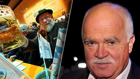 Peter Gauweiler (r) plädiert für weniger Entscheidungen in Brüssel und eine gute Beziehungen zu Kiew und Moskau. Sehen Sie hier weitere Bilder vom Politischen Aschermittwoch aus Passau.