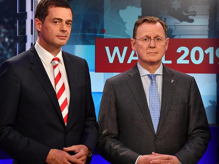 Thüringens CDU-Chef Mike Mohring (l) und Linke-Ministerpräsident Bodo Ramelow in Erfurt.