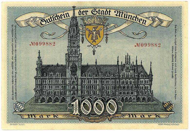 Das Rathaus ist auf diesen 1.000-Mark-Schein der Stadt München aus dem Jahr 1922 gezeichnet. Im August 1923 kann man damit nicht einmal ein Brot kaufen.