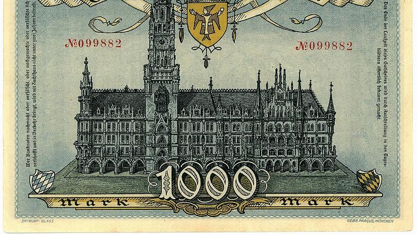 Das Rathaus ist auf diesen 1.000-Mark-Schein der Stadt München aus dem Jahr 1922 gezeichnet. Im August 1923 kann man damit nicht einmal ein Brot kaufen. Das Rathaus ist auf diesen 1.000-Mark-Schein der Stadt München aus dem Jahr 1922 gezeichnet. Im August 1923 kann man damit nicht einmal ein Brot kaufen.