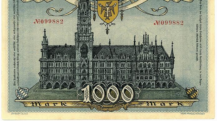 Das Rathaus ist auf diesen 1.000-Mark-Schein der Stadt München aus dem Jahr 1922 gezeichnet. Im August 1923 kann man damit nicht einmal ein Brot kaufen.