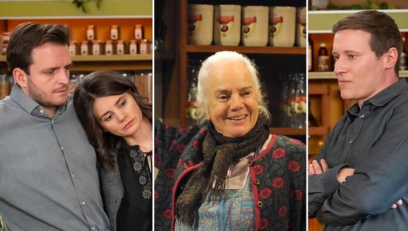 Tommy Schwimmer (l.), Joyce Ilg und Martin Wenzl kehren zum "Dahoam is Dahoam"-Abschied von Ursula Erber (M.) in ihre alten Rollen zur&uuml;ck.