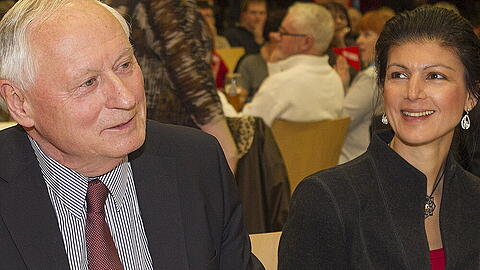 Oskar Lafontaine und Sahra Wagenknecht bei einer Veranstaltung in Wallerfangen