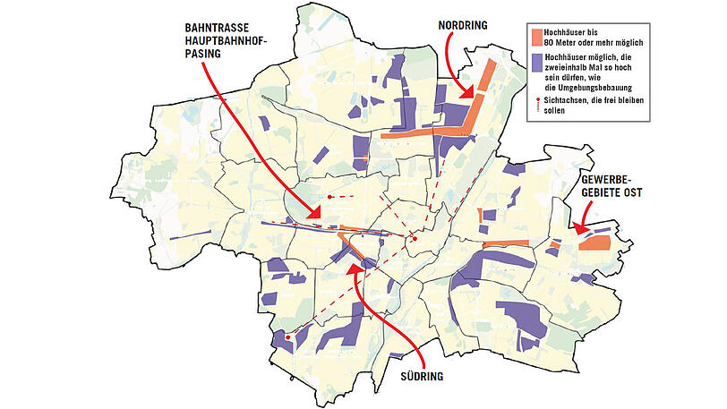 Wo könnte in München höher gebaut werden? Die Karte zeigt, wo man sich bei der Stadt vorstellen kann, dass auch mal mehr Stockwerke geplant werden.