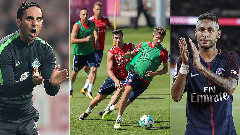 Am Wochenende geht es für die Bayern um Robert Lewandowski und Thomas Müller (Mitte) gegen Werder Bremen und Alexander Nouri (links), im September dann gegen Paris St. Germain mit Neymar (rechts).