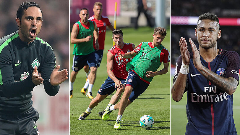 Am Wochenende geht es für die Bayern um Robert Lewandowski und Thomas Müller (Mitte) gegen Werder Bremen und Alexander Nouri (links), im September dann gegen Paris St. Germain mit Neymar (rechts). Am Wochenende geht es für die Bayern um Robert Lewandowski und Thomas Müller (Mitte) gegen Werder Bremen und Alexander Nouri (links), im September dann gegen Paris St. Germain mit Neymar (rechts).