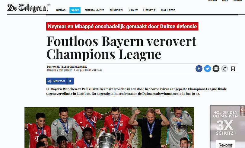 Der niederländische "Telegraaf" schreibt: "Einwandfreie Bayern erobern die Champions League".