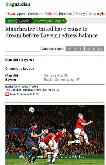 Der britische Guardian: Manchester United hat Grund zum Träumen, bis Bayern den Ausgleich herstellt.
