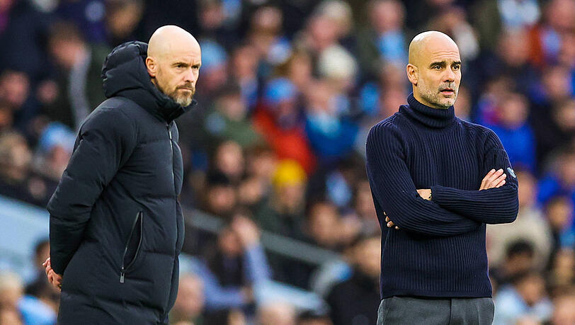 Erik ten Hag (l.) und Pep Guardiola stehen aktuell bei den Manchester-Klubs unter Vertrag.