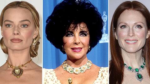 Elizabeth Taylors (M.) Schmuck schm&uuml;ckt noch heute Stars wie Margot Robbie (l.) und Julianne Moore.
