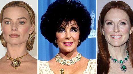 Elizabeth Taylors (M.) Schmuck schm&uuml;ckt noch heute Stars wie Margot Robbie (l.) und Julianne Moore.