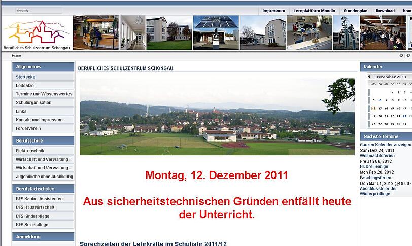 &bdquo;Aus sicherheitstechnischen Gründen&ldquo; geschlossen: Die Homepage des Schulzentrums Schongau am Montag.