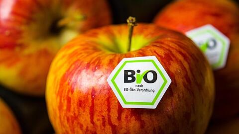 Äpfel mit Bio-Siegel. Bio ist zurzeit einer der größten Wachstumsträger im Lebensmittelhandel.