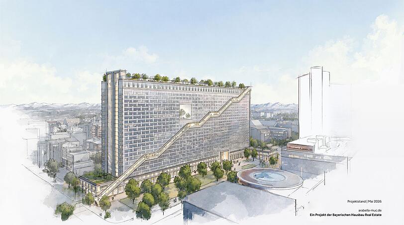 So soll das Arabellahaus etwa ab 2034 aussehen. Gut zu sehen: Das geplante "Auge" in der Mitte sowie die längste Außenrolltreppe Europas. So soll das Arabellahaus etwa ab 2034 aussehen. Gut zu sehen: Das geplante "Auge" in der Mitte sowie die längste Außenrolltreppe Europas.
