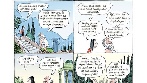 Catherine Meurisse beamt sich durch die Philosophiegeschichte und trifft bedeutende Vertreter wie Sokrates. Von dem gibt es keine Aufzeichnungen, was man weiß, ist von seinen Schülern überliefert. Und jetzt stellt Meurisse endlich alles klar. Beim Zeus!