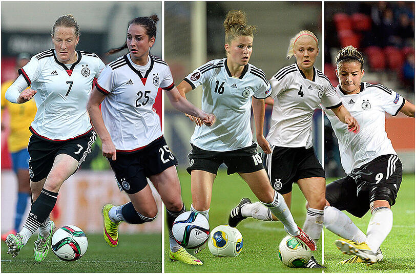 Vier aktuelle und eine zukünftige Spielerin des FC Bayern sind für den DFB bei der WM in Kanada am Start (l. - r.): Melanie Behringer, Sara Däbritz, Melanie Leupolz, Leonie Maier und Lena Lotzen.