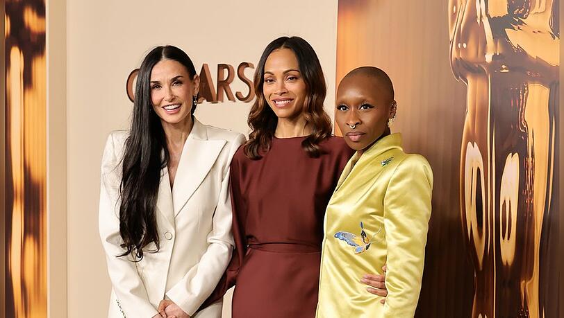 Demi Moore (v.l.), Zoe Saldaña und Cynthia Erivo hoffen auf einen Oscar. Wenige Tage vor der Verleihung trafen sie sich am Dienstagabend mit den anderen Nominierten im Academy Museum of Motion Pictures in Los Angeles.