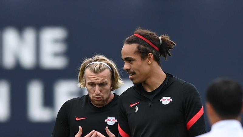 Gegen den FC Brügge gesetzt: Die Leipziger Torjäger Emil Forsberg (l) und Yussuf Poulsen.