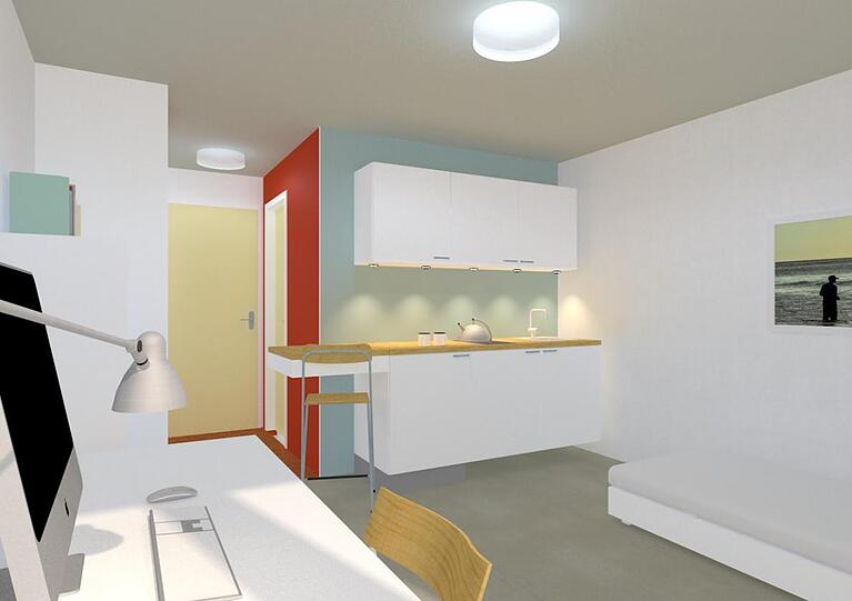 Links der Schreibtisch, rechts das Bett, hinten Küchenzeile, dahinter das Bad und die Tür zum Flur. So sollen die Apartments von innen ausschauen.