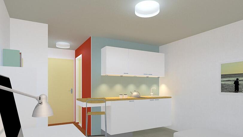 Links der Schreibtisch, rechts das Bett, hinten Küchenzeile, dahinter das Bad und die Tür zum Flur. So sollen die Apartments von innen ausschauen. Links der Schreibtisch, rechts das Bett, hinten Küchenzeile, dahinter das Bad und die Tür zum Flur. So sollen die Apartments von innen ausschauen.