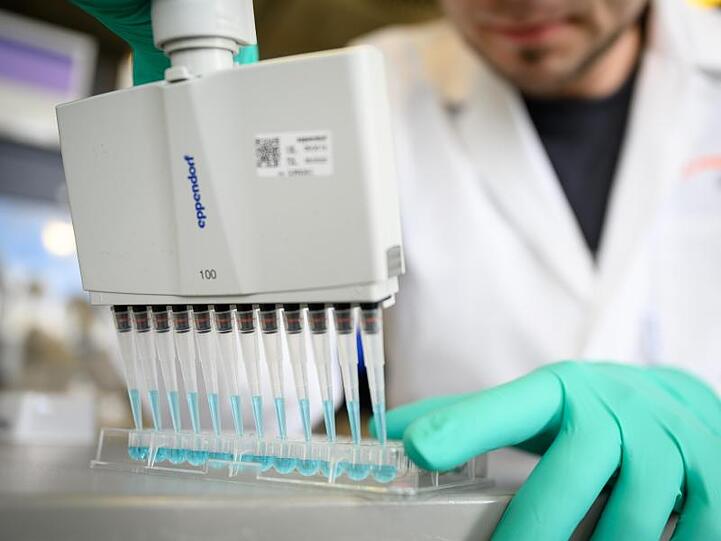 Suche nach einem Impfstoff: Ein Mann pipettiert in einem Labor des biopharmazeutischen Unternehmens Curevac eine blaue Flüssigkeit.
