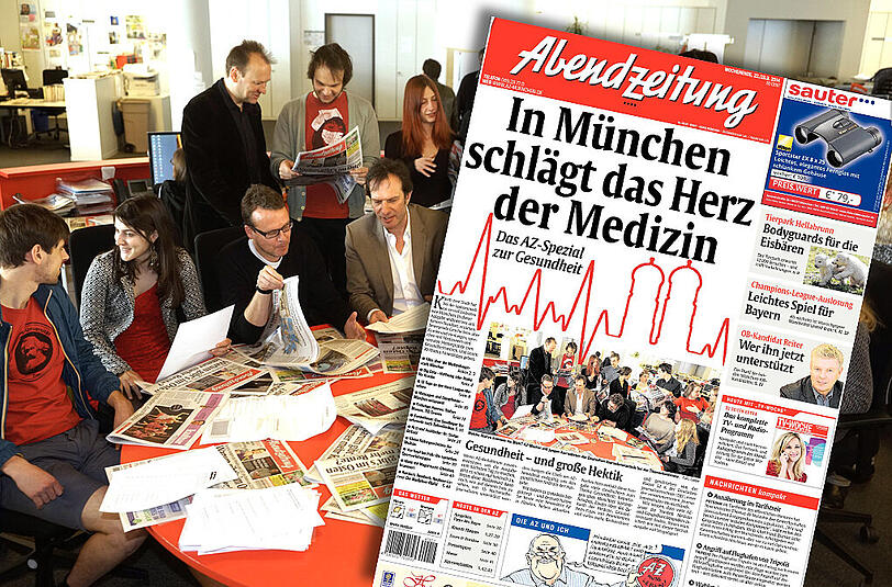 Welche Storys kommen ins Blatt? AZ-Macher mit jungen Journalisten der Deutschen Journalistenschule bei der Themenkonferenz. Hier gibt's die Spezialausgabe der Abendzeitung zum Thema Gesundheit zum Downloaden.