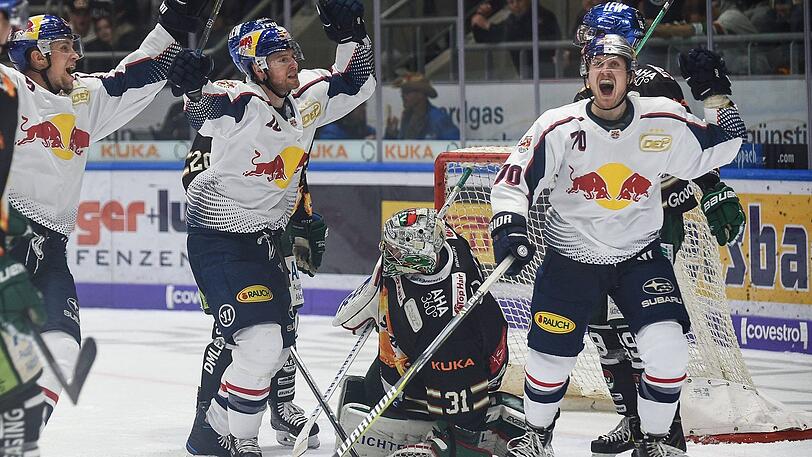 Derby-Jubel beim EHC München! Doppelpacker Maximilian Daubner (rechts) sorgt mit einem späten Doppelpack für den Sieg gegen die Augsburger Panther.