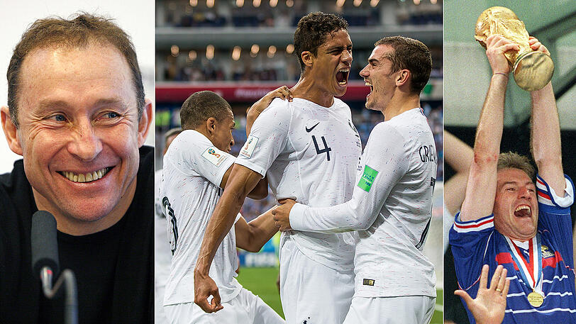Halbfinale! Frankreich um Bayern-Star Corentin Tolisso, Raphael Varane und Antoine Griezmann (von links) feiert den Sieg im Viertelfinale über Uruguay. 1998 holte ihr Trainer Didier Deschamps (rechts) mit der Nationalelf den WM-Titel. Ex-Bayern-Profi Jean-Pierre Papin (links) hofft auf den französischen Coup in Russland.
