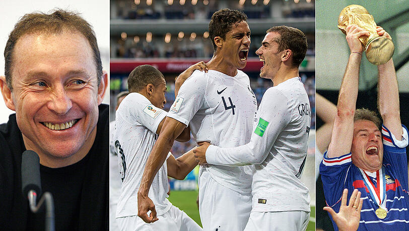 Halbfinale! Frankreich um Bayern-Star Corentin Tolisso, Raphael Varane und Antoine Griezmann (von links) feiert den Sieg im Viertelfinale über Uruguay. 1998 holte ihr Trainer Didier Deschamps (rechts) mit der Nationalelf den WM-Titel. Ex-Bayern-Profi Jean-Pierre Papin (links) hofft auf den französischen Coup in Russland. Halbfinale! Frankreich um Bayern-Star Corentin Tolisso, Raphael Varane und Antoine Griezmann (von links) feiert den Sieg im Viertelfinale über Uruguay. 1998 holte ihr Trainer Didier Deschamps (rechts) mit der Nationalelf den WM-Titel. Ex-Bayern-Profi Jean-Pierre Papin (links) hofft auf den französischen Coup in Russland.