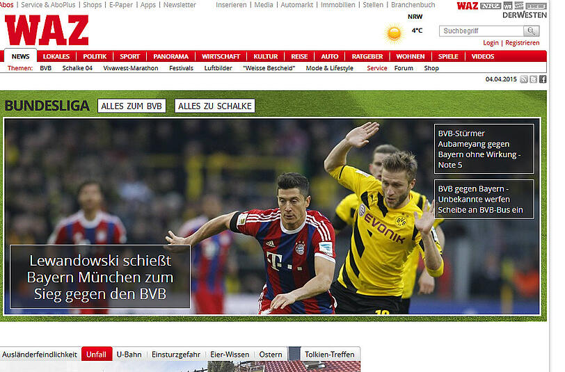 Auch bei der WAZ steht wenig überraschend Robert Lewandowski im Vordergrund.