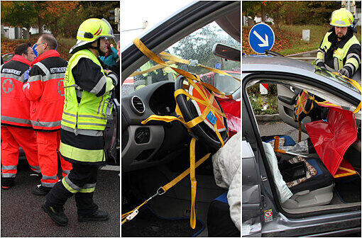 Unfall auf einer Kreuzung in Waldkraiburg. Eine Person wurde im Fahrzeug eingeschlossen und musste von der Feuerwehr befreit werden. Die Bilder vom Unfallort.