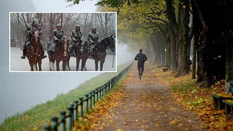 Der Nymphenburger Schlosskanal. Hier war die Reiterstaffel (kleines Bild) unterwegs. Der Nymphenburger Schlosskanal. Hier war die Reiterstaffel (kleines Bild) unterwegs.
